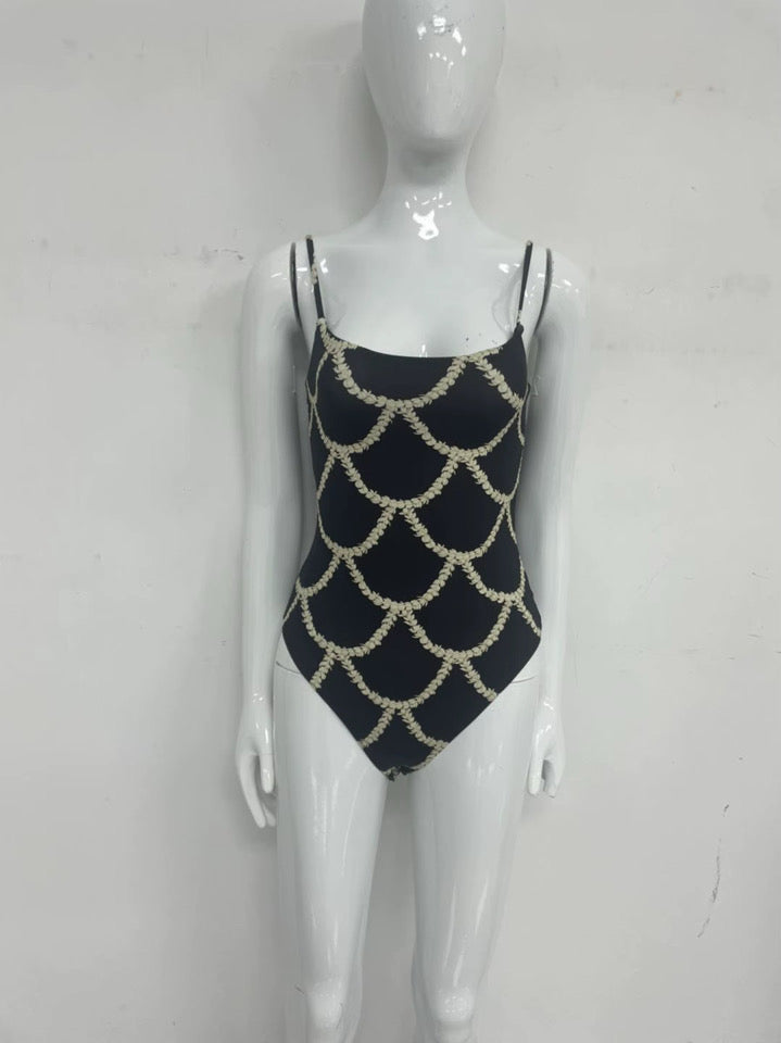 Bri Bodysuit - Black Scalloped Pikake