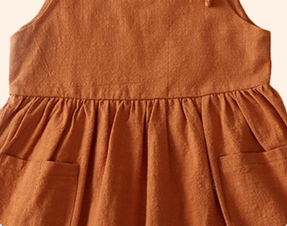 Summer solid color cotton linen pocket suspender dress: Khaki / DRG54555