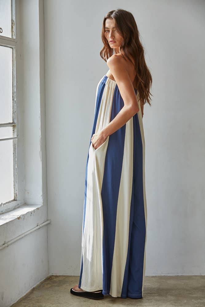 L9308 | Knit Viscose Spandex Striped Tube Wide Leg Jumpsuit: Navy Cream