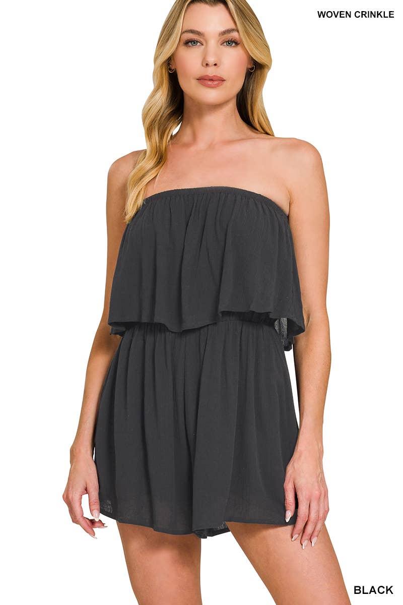 `0107 Woven Crinkle Strapless Rompers (Lined) SI-29315: BLACK-193816