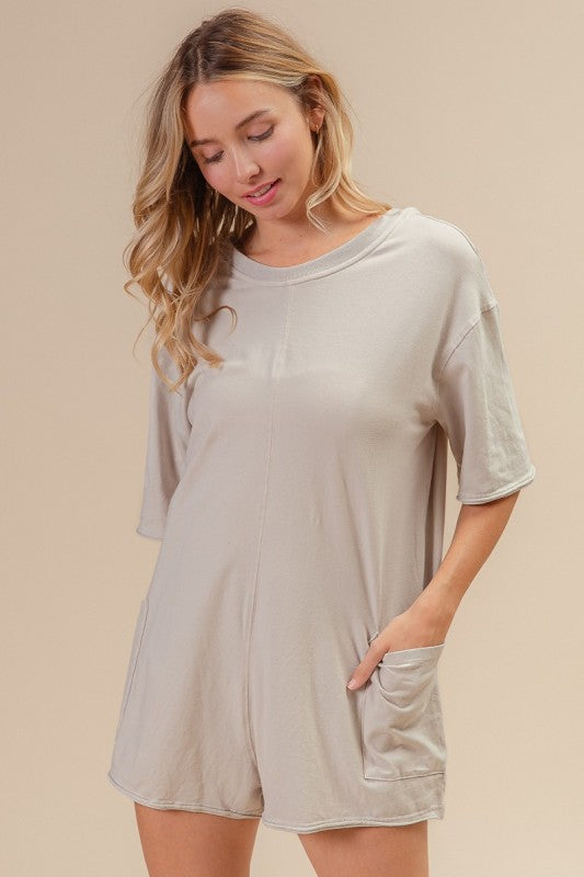Short Sleeve Back Open Vintage Washed Romper - Oatmeal