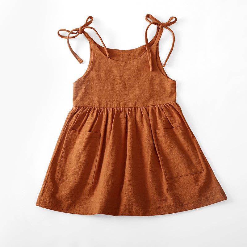 Summer solid color cotton linen pocket suspender dress: Khaki / DRG54555