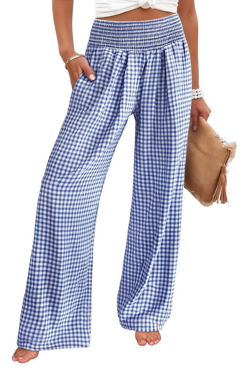CWBLP01707_PLAID HIGH-WAISTED CASUAL WIDE-LEG PANTS