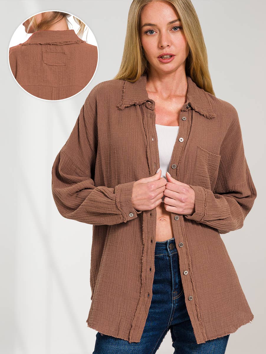 `Oversized Raw Edge Shirt W/ Back Patch: BROWN-171501