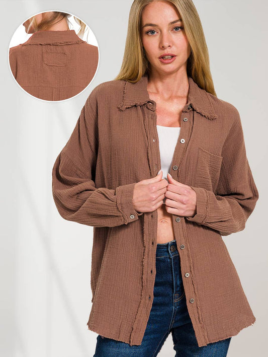 `Oversized Raw Edge Shirt W/ Back Patch: BROWN-171501