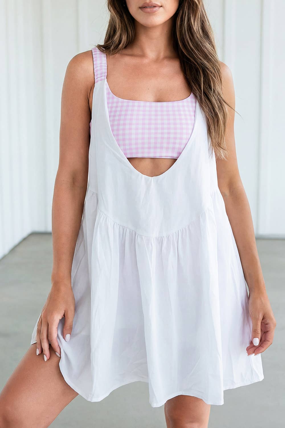 LAS Romper Inside Patchwork Gingham Mini Dress - Beau Blue