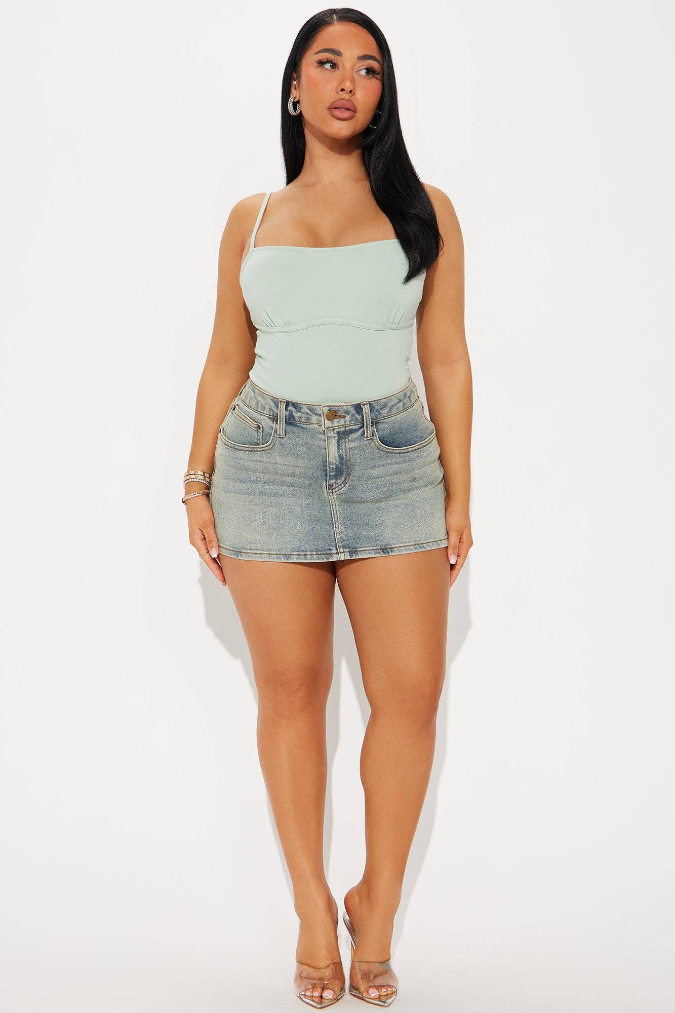 SOLID SQUARE NECK CAMI BODYSUITS: LIGHT SAGE