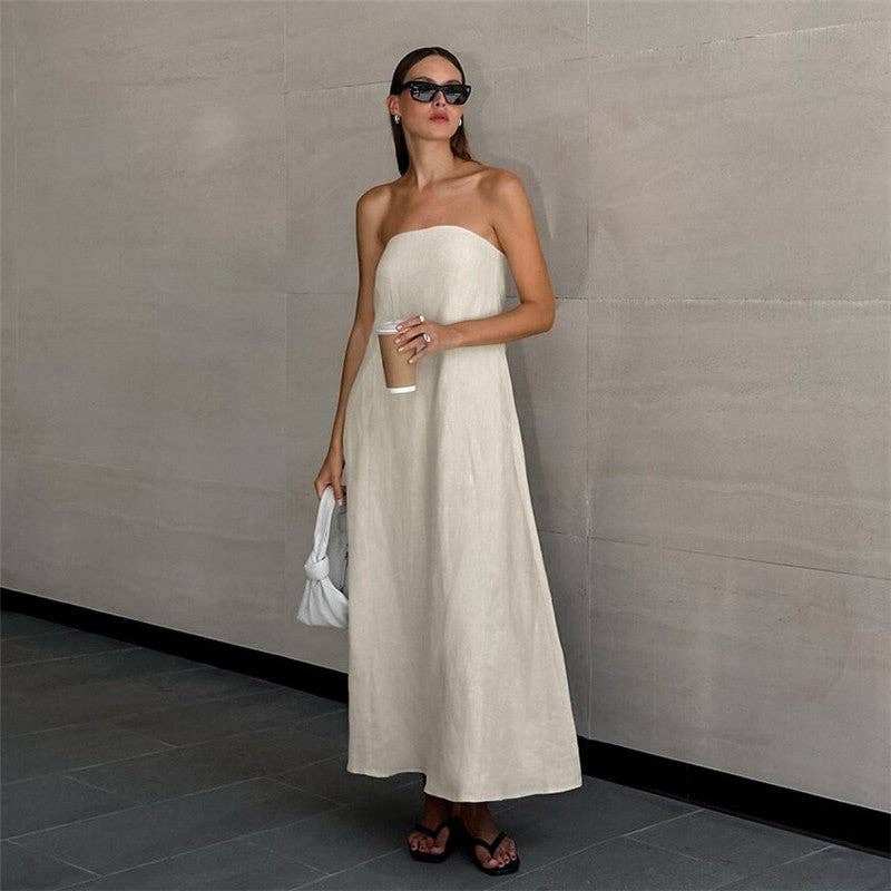 Khaki Casual Strapless Backless Maxi Dress: KHAKI