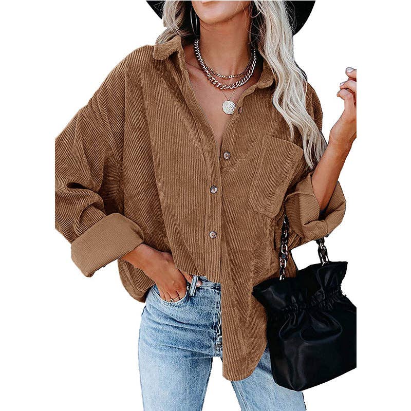 Oversized Corduroy Button-Up Shirt with Chest Pocket: Brown