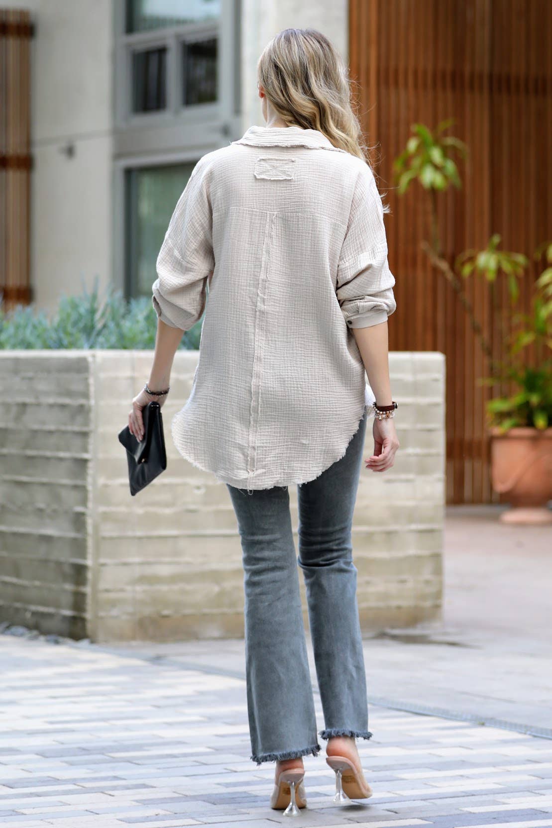 `Oversized Raw Edge Shirt W/ Back Patch: BLACK-147601
