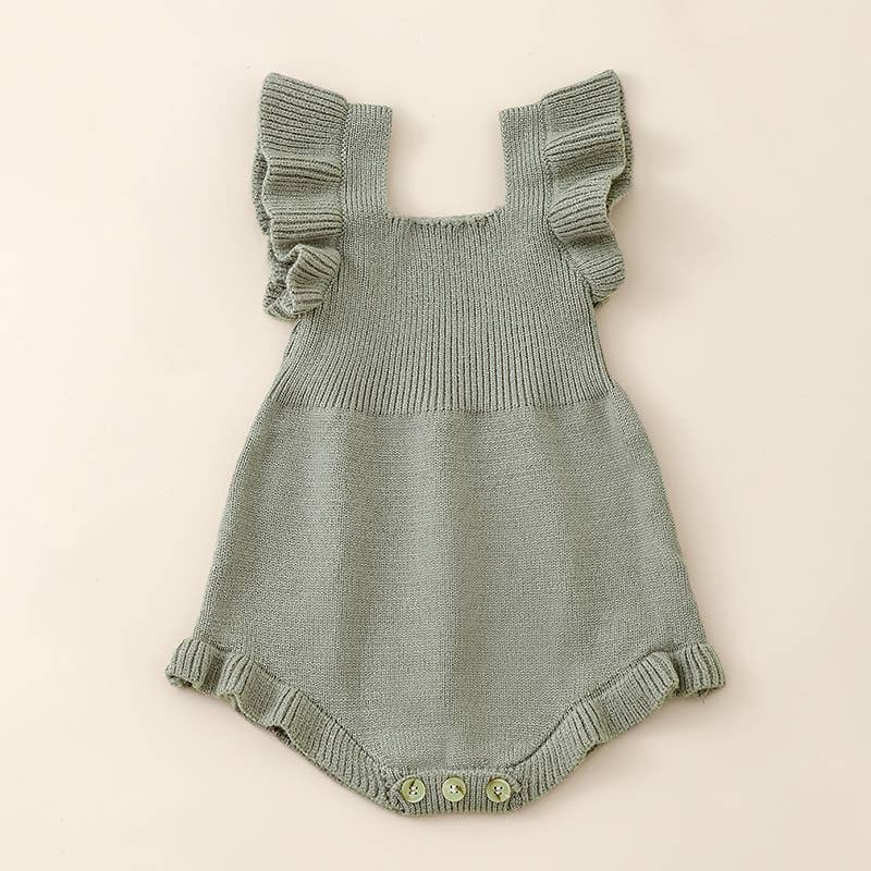 Baby girl's knitted jumpsuit flying sleeves triangle romper: Green RPG51304