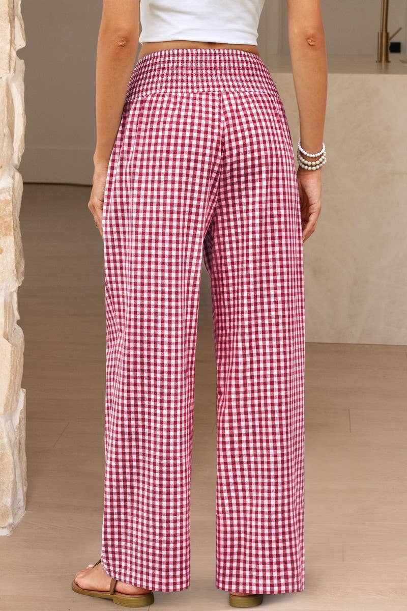 CWBLP01707_PLAID HIGH-WAISTED CASUAL WIDE-LEG PANTS