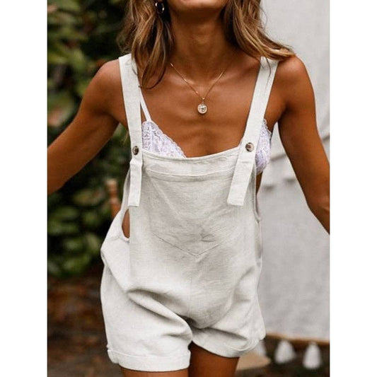 Fashion Solid Color Button Jumpsuit: WHITE