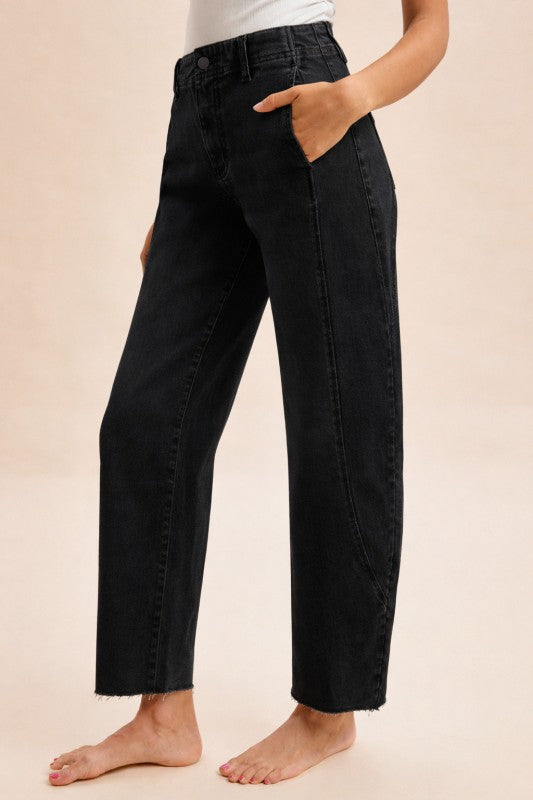 Comfy Tummy Control Stretch Barrel Leg Tapered Jeans - Black Denim