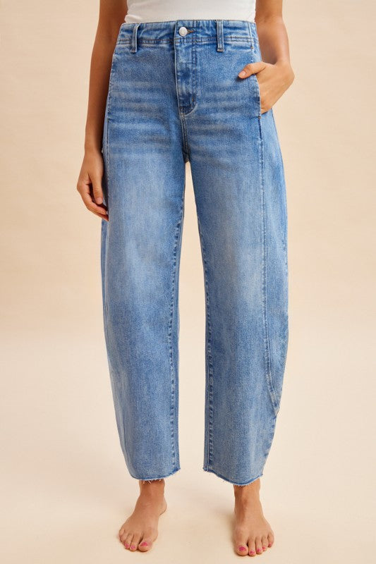 Comfy Tummy Control Stretch Barrel Leg Tapered Jeans - Indigo Denim
