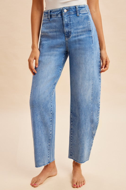 Comfy Tummy Control Stretch Barrel Leg Tapered Jeans - Indigo Denim