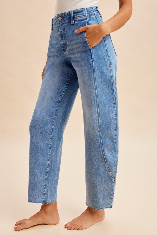 Comfy Tummy Control Stretch Barrel Leg Tapered Jeans - Indigo Denim