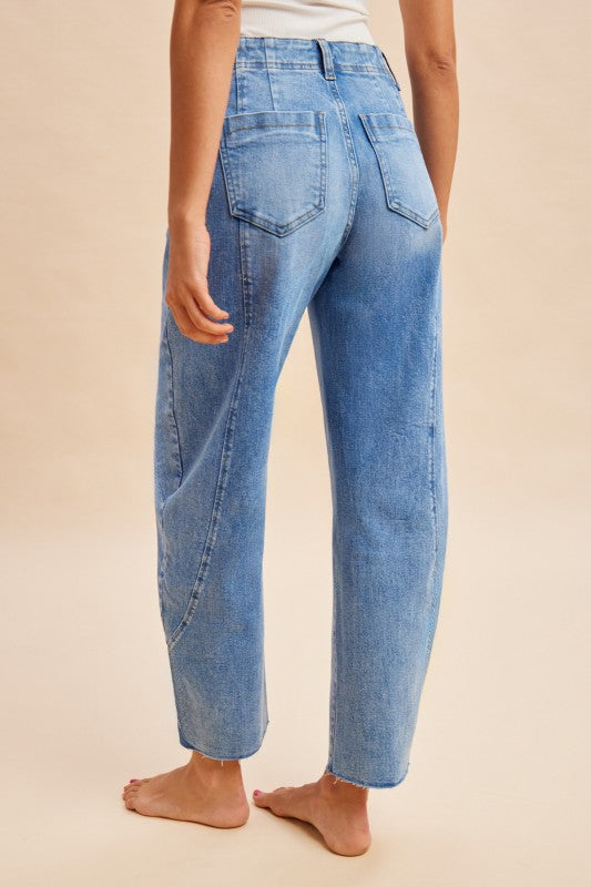 Comfy Tummy Control Stretch Barrel Leg Tapered Jeans - Indigo Denim