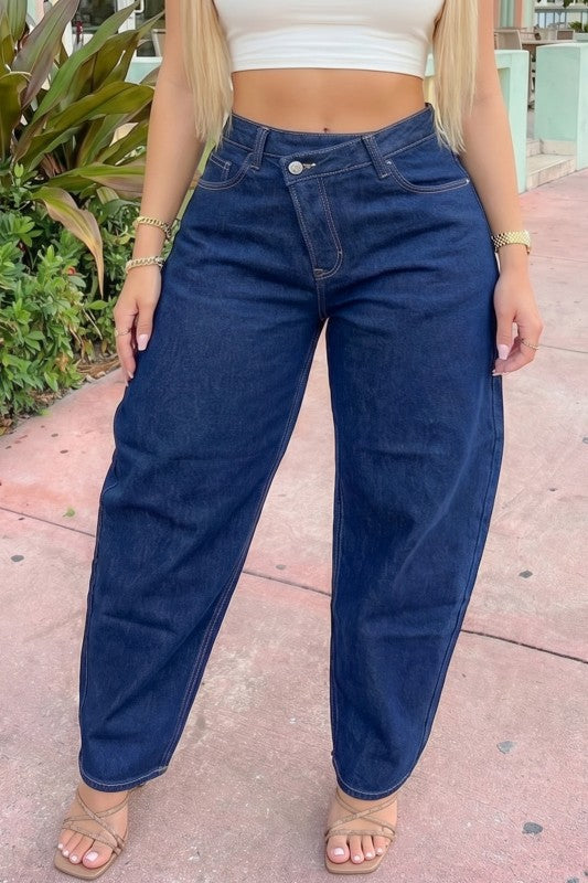 Asymmetrical Waist Baggy Barrel Jeans