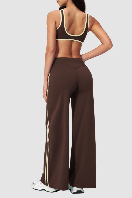 Nude-Feel Deep V Bra + High-Waist Pants Set - Brown