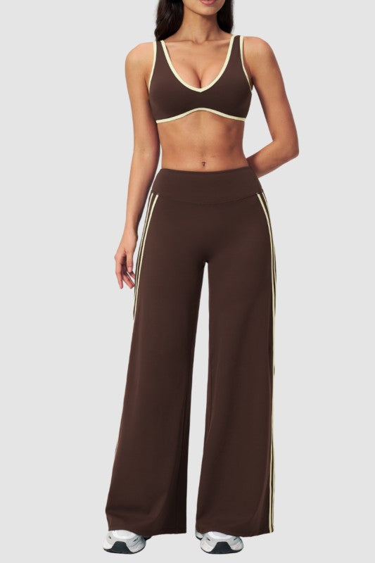 Nude-Feel Deep V Bra + High-Waist Pants Set - Brown