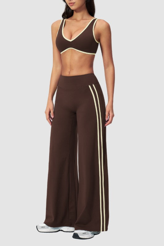 Nude-Feel Deep V Bra + High-Waist Pants Set - Brown