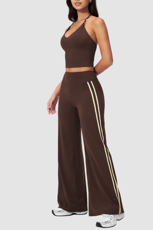 Breathable Y-Back Tank Top & Fold-Up Flare Pants Set - Brown