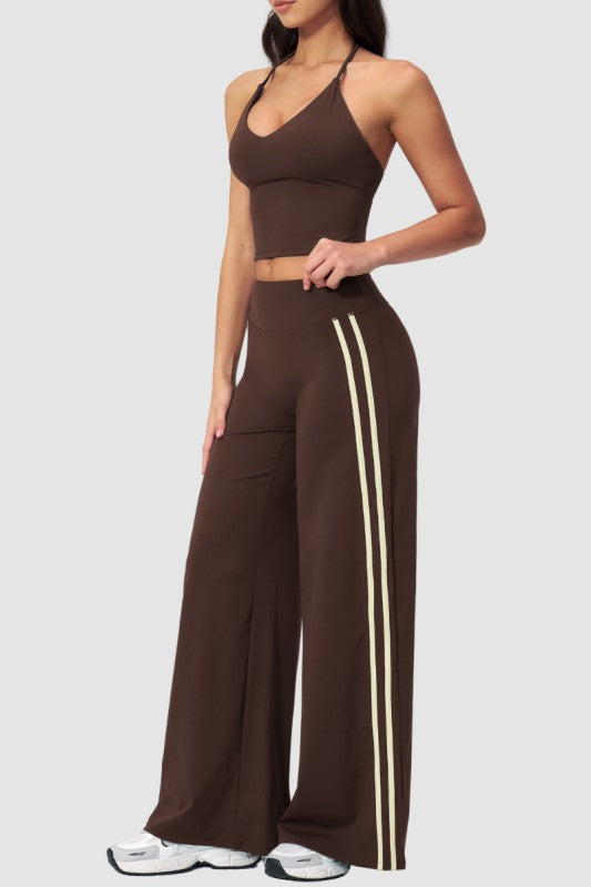 Breathable Y-Back Tank Top & Fold-Up Flare Pants Set - Brown