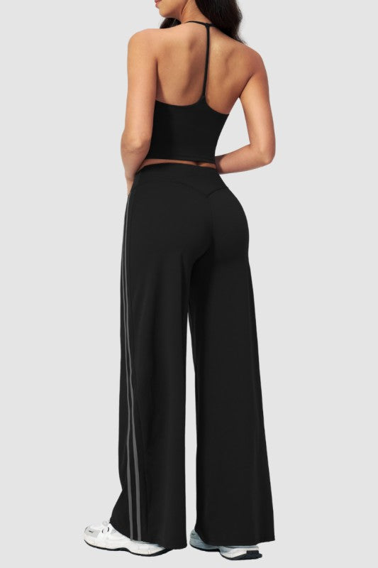 Breathable Y-Back Tank Top & Fold-Up Flare Pants Set - Black