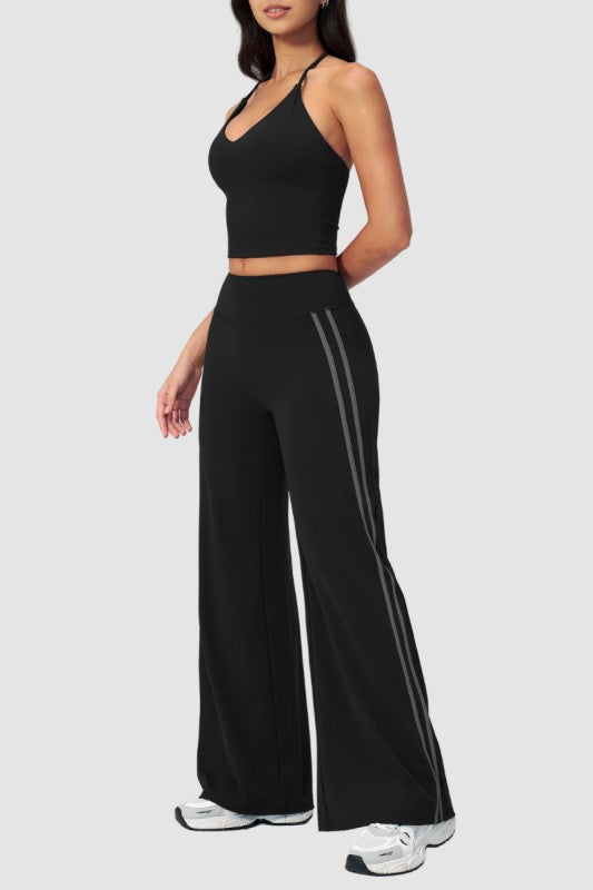 Breathable Y-Back Tank Top & Fold-Up Flare Pants Set - Black