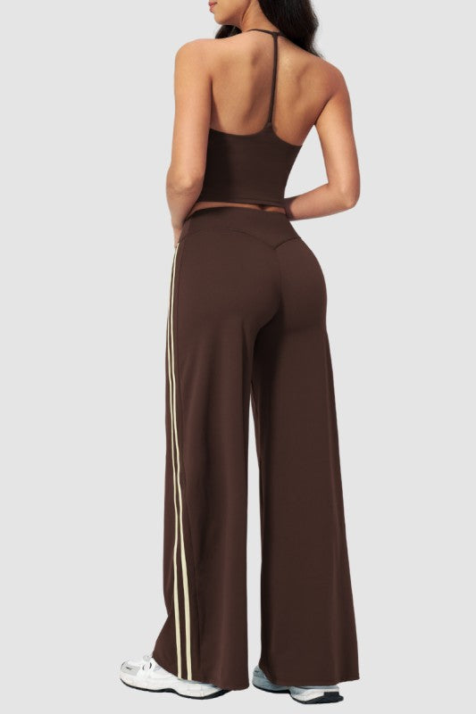 Breathable Y-Back Tank Top & Fold-Up Flare Pants Set - Brown