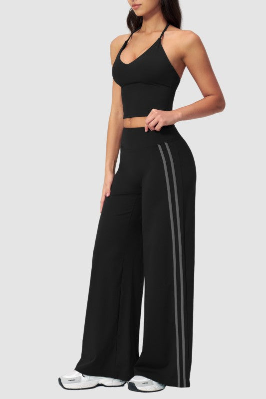 Breathable Y-Back Tank Top & Fold-Up Flare Pants Set - Black