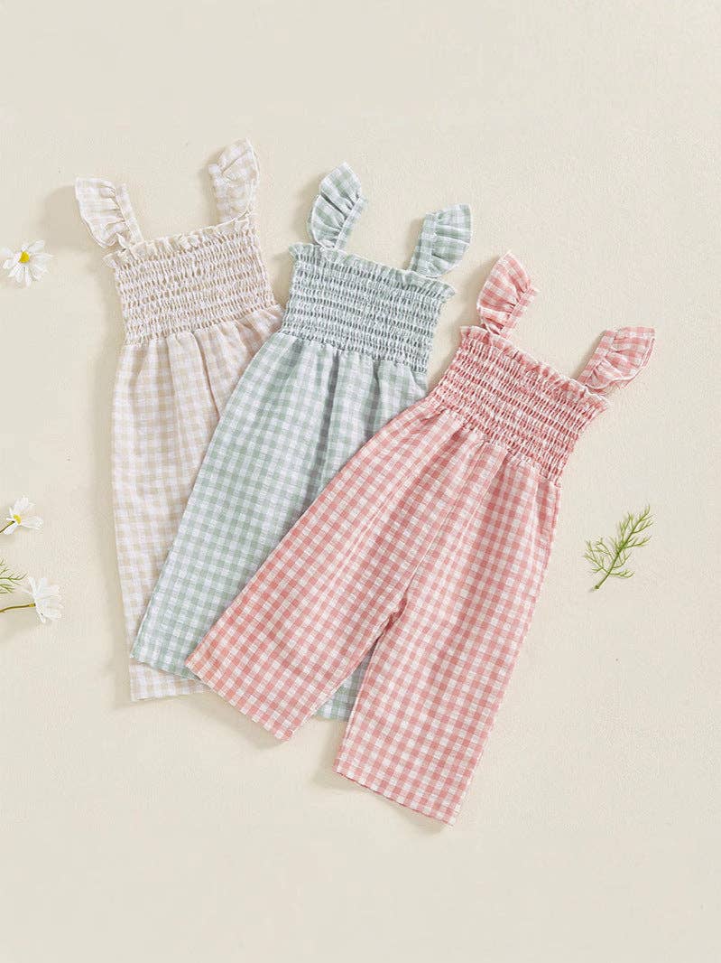 Baby girls short flutter sleeves smocked cotton jumpsuit: Apricot PNG60280