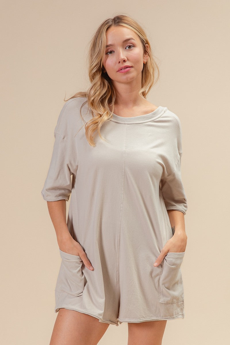 Short Sleeve Back Open Vintage Washed Romper - Oatmeal