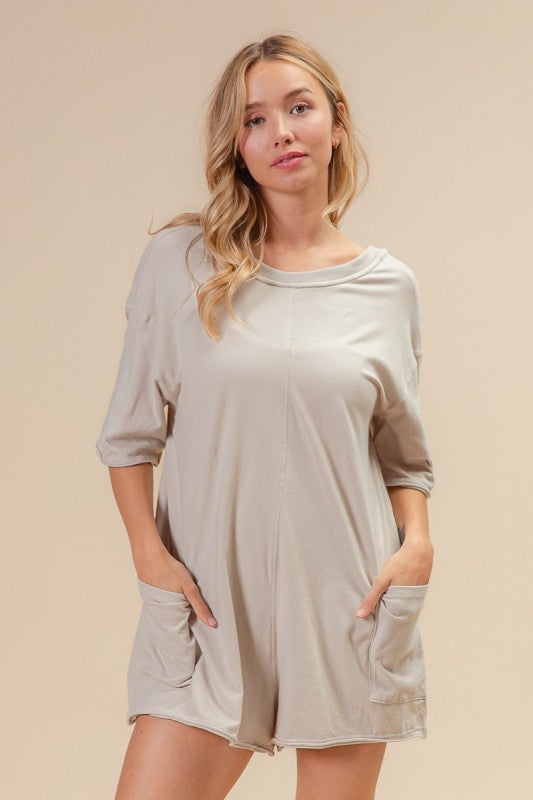 Short Sleeve Back Open Vintage Washed Romper - Oatmeal