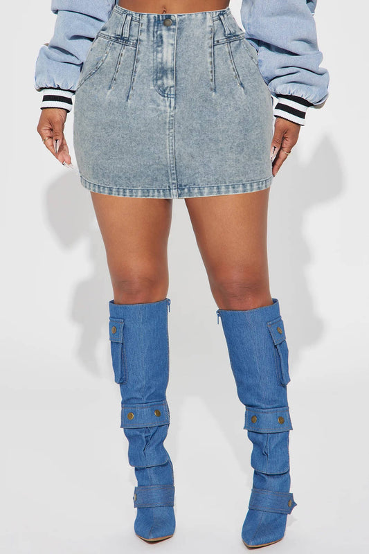SIDE POCKET DENIM MINI SKIRT: DENIM