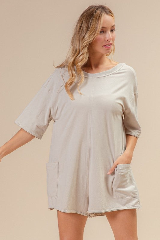 Short Sleeve Back Open Vintage Washed Romper - Oatmeal