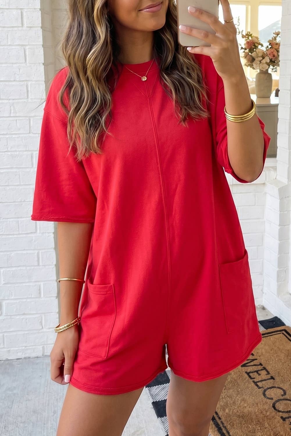 LAS Solid Color Raw Edge Pocketed Loose Romper- RED