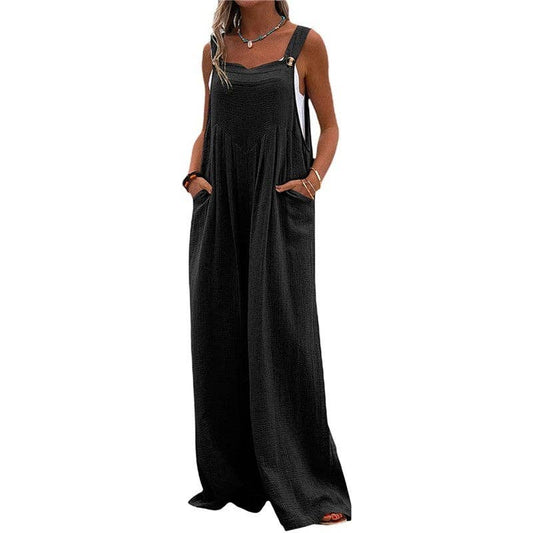 Solid Color Sleeveless Casual Loose Wide Leg Jumpsuits: BLACK