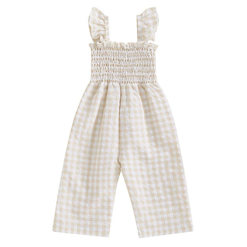 Baby girls short flutter sleeves smocked cotton jumpsuit: Apricot PNG60280