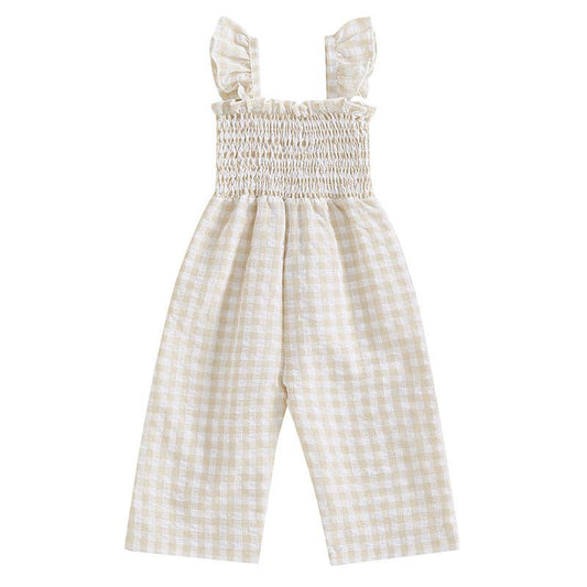 Baby girls short flutter sleeves smocked cotton jumpsuit: Apricot PNG60280