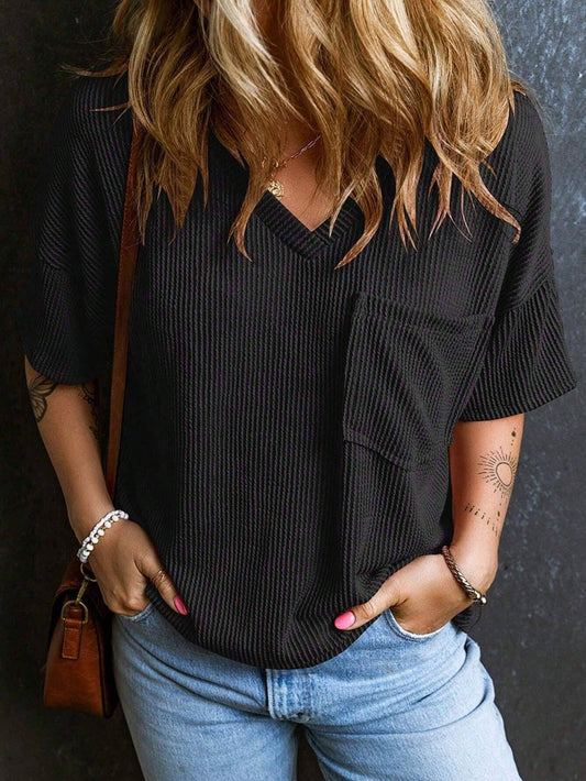 Women’s Ribbed V Neck Short Sleeve Pocket Tee: Black