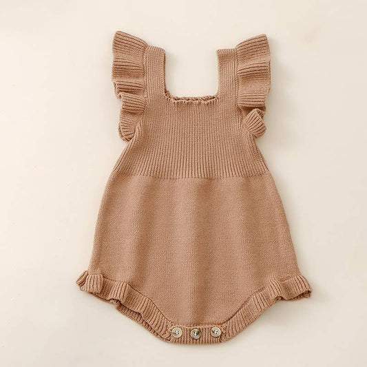 Baby girl's knitted jumpsuit flying sleeves triangle romper: Brown RPG52246