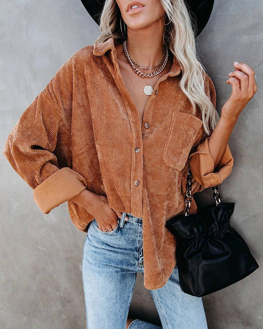 Oversized Corduroy Button-Up Shirt with Chest Pocket: Caramel