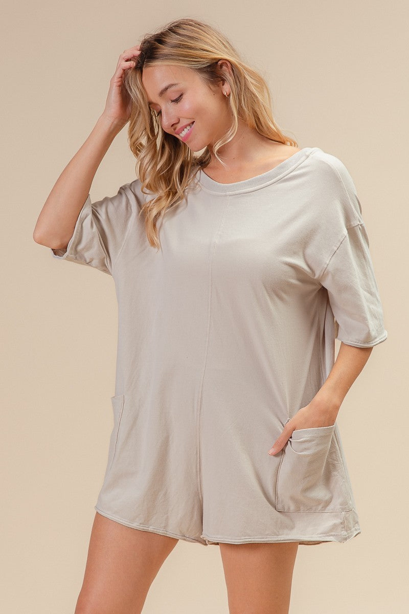 Short Sleeve Back Open Vintage Washed Romper - Oatmeal