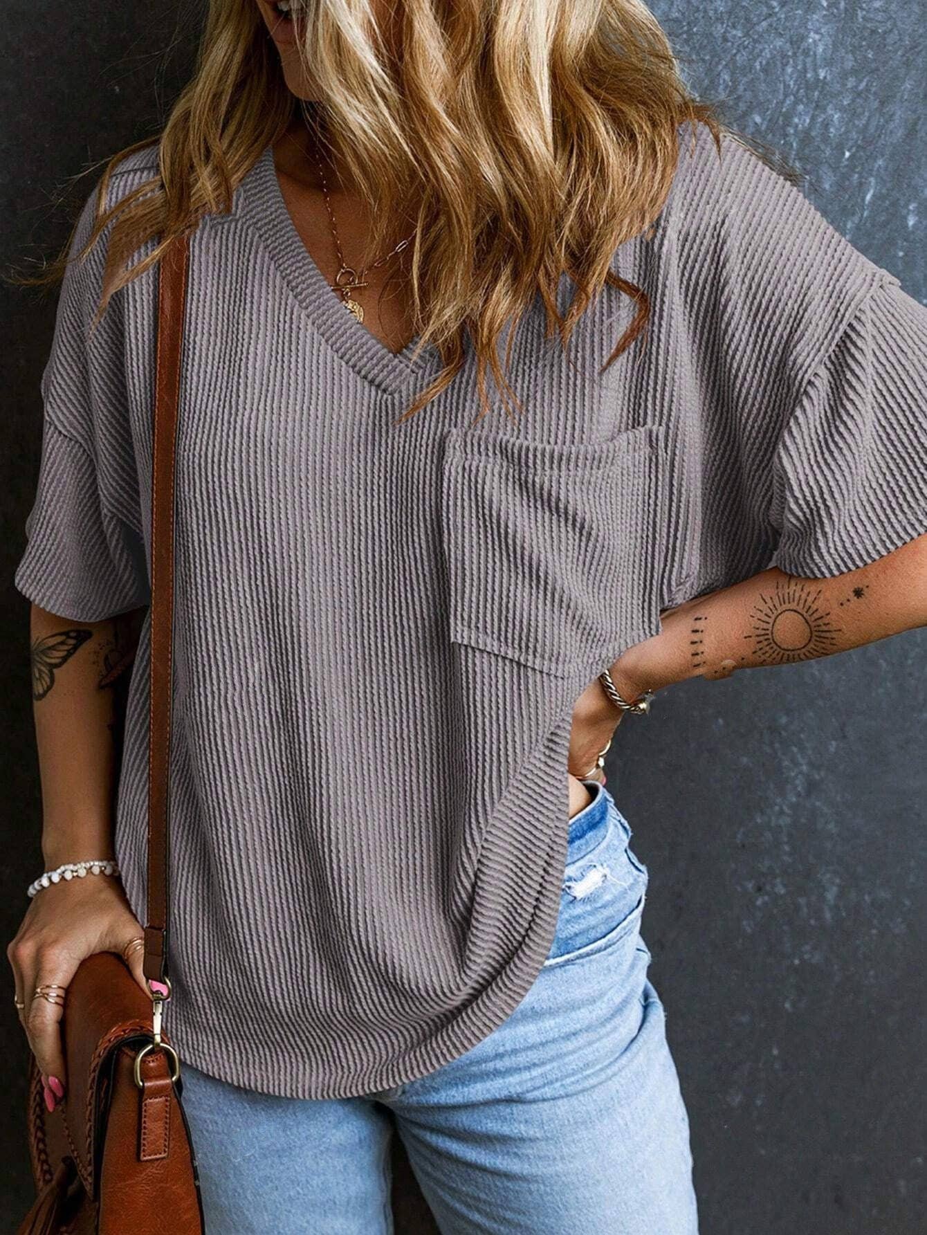 Women’s Ribbed V Neck Short Sleeve Pocket Tee: Gray