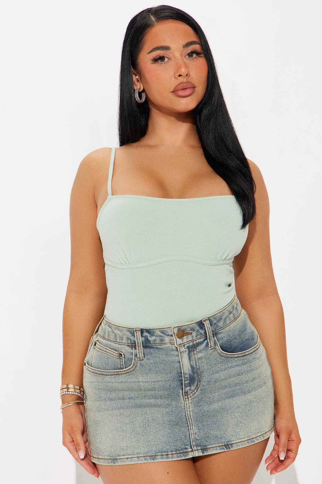SOLID SQUARE NECK CAMI BODYSUITS: LIGHT SAGE