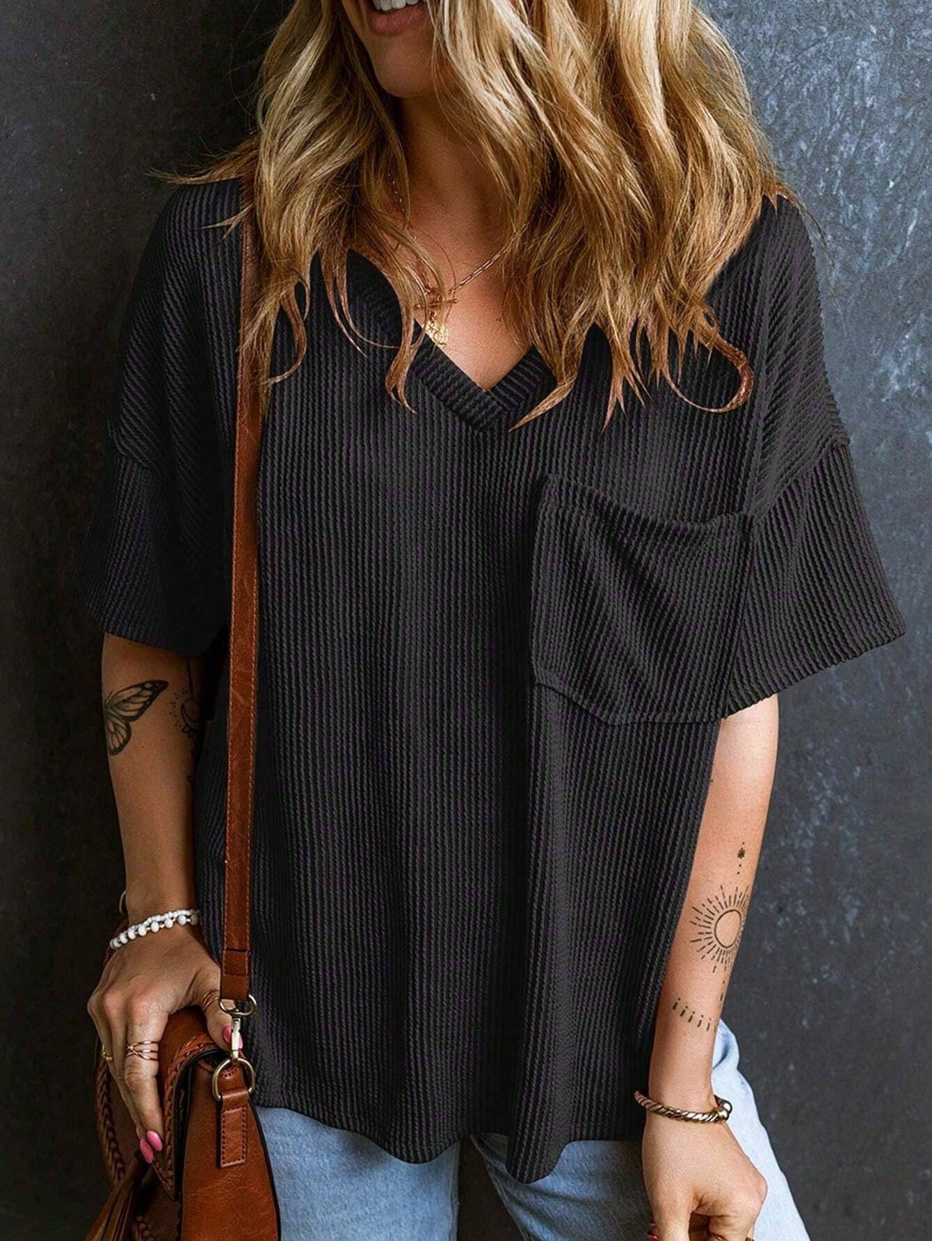 Women’s Ribbed V Neck Short Sleeve Pocket Tee: Black