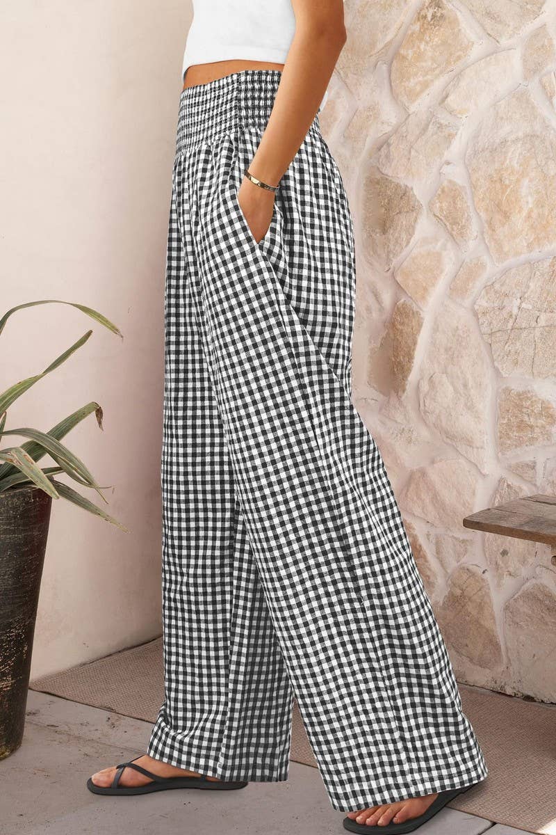 CWBLP01707_PLAID HIGH-WAISTED CASUAL WIDE-LEG PANTS