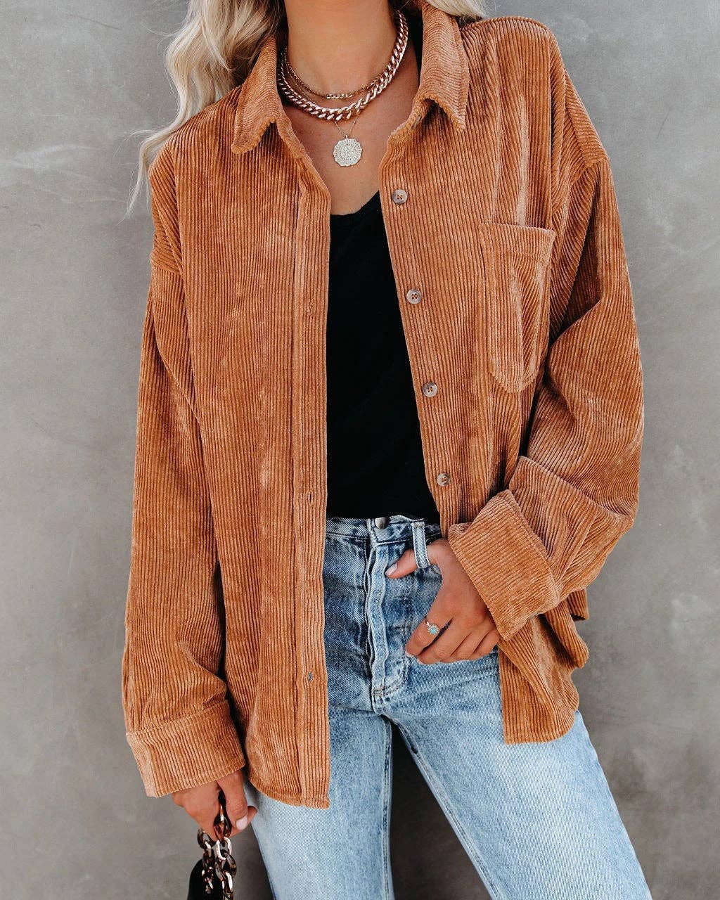 Oversized Corduroy Button-Up Shirt with Chest Pocket: Caramel